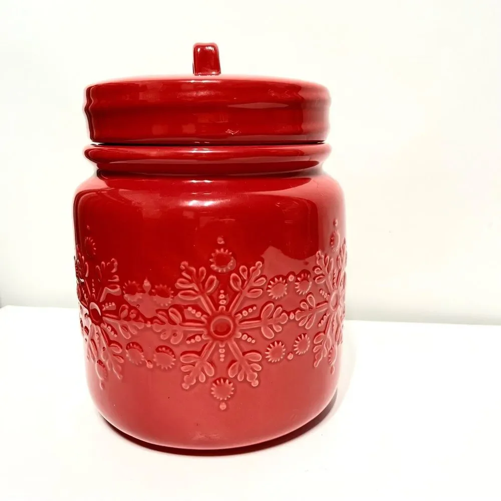 Crate & Barrel Glazed Snowflake Cookie Jar in Red